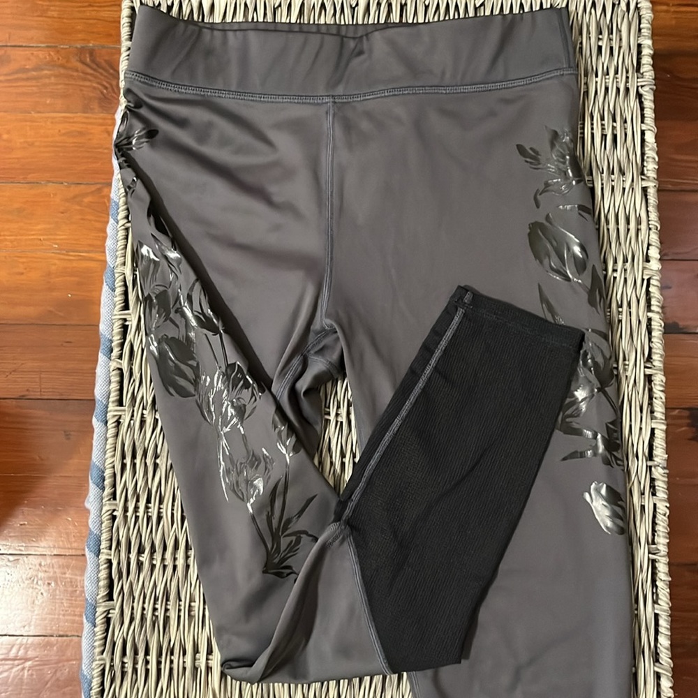 fabletics grey leggings with floral and mesh detailing